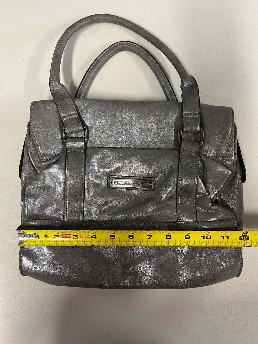 BCBG Metallic Silver faux Leather Top Handle Satchel Handbag